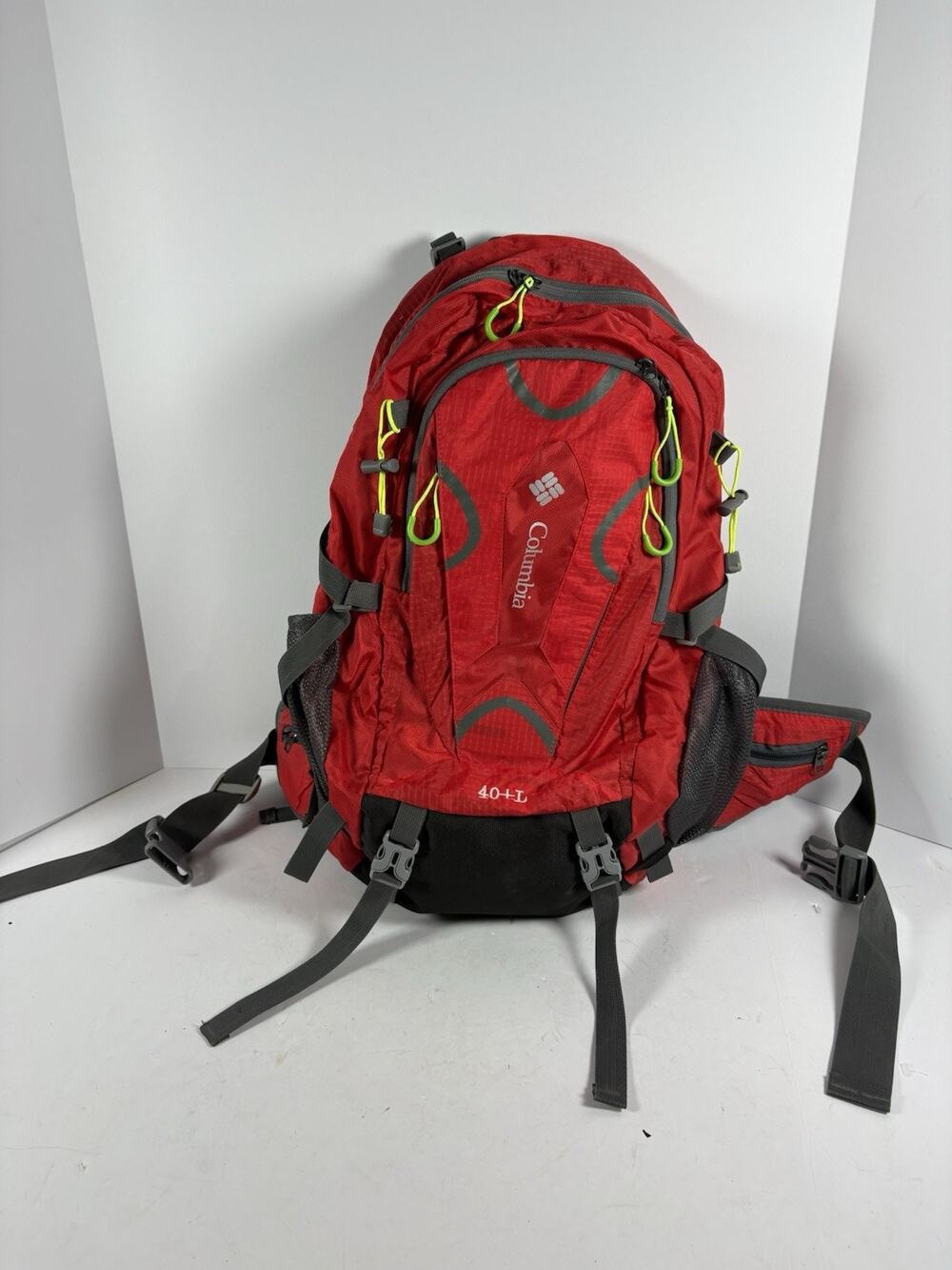 Columbia 40L Hiking Backpack Red Gray Rain Cover Camping Travel Pack Bag